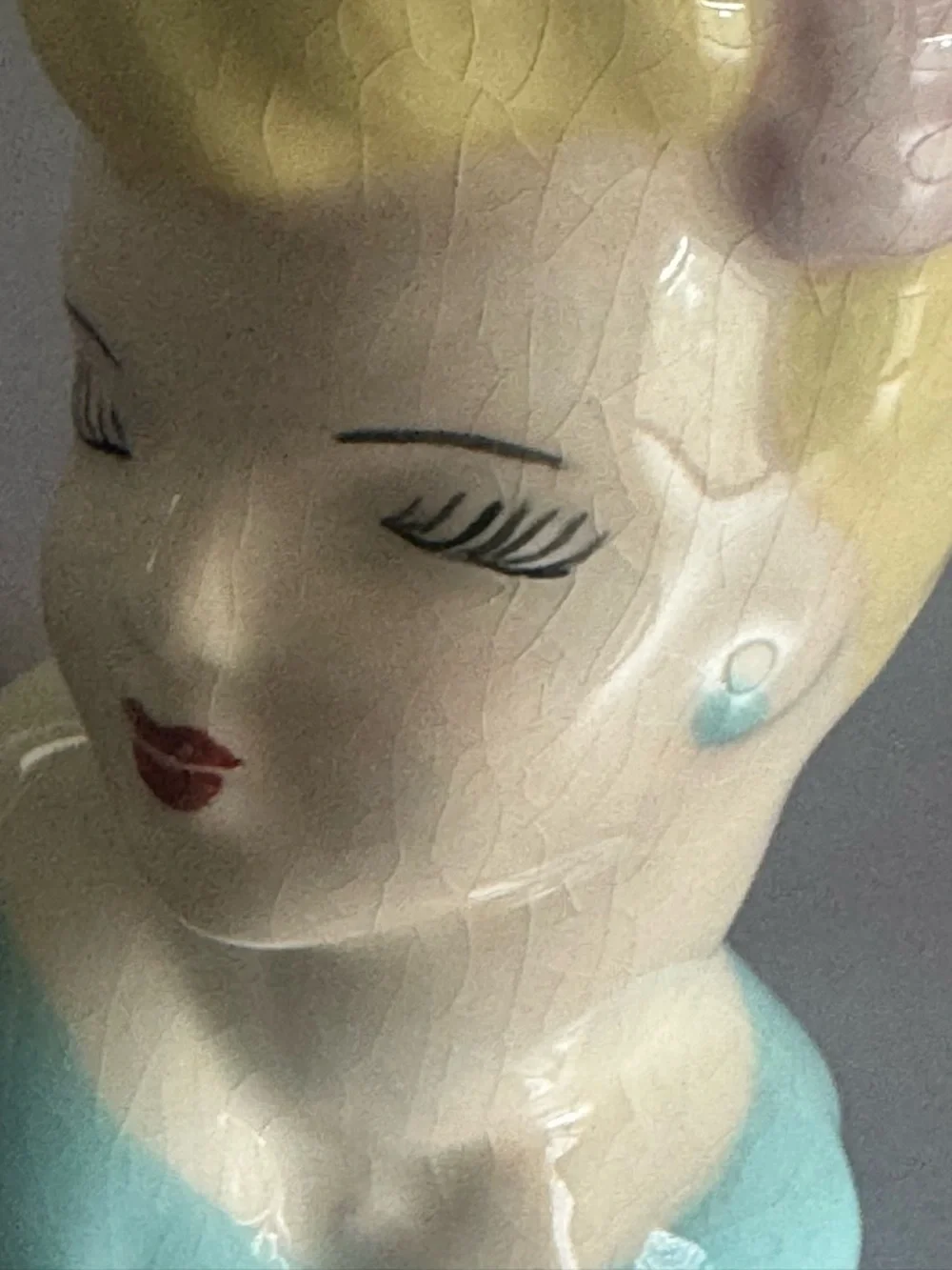 Vintage Ceramic Lady Head Vase in Pastel Blue and Blonde